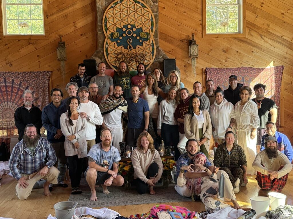 This image appears to show a group of people gathered at the Pachamama Sanctuary.